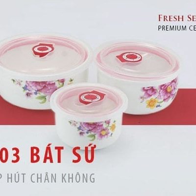 Bộ 3 bát sứ có nắp hút chân không