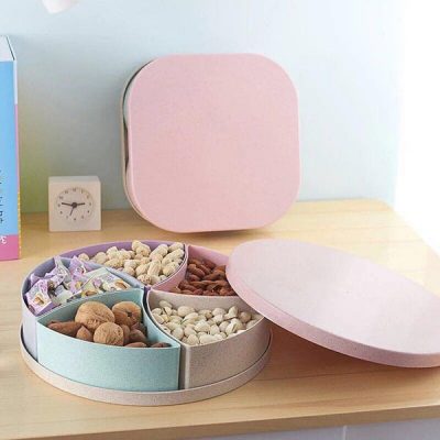 Khay đựng mứt tết lúa mạch hình hộp quà tròn