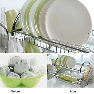 Giá úp bát đĩa 2 tầng inox có khay hứng nước